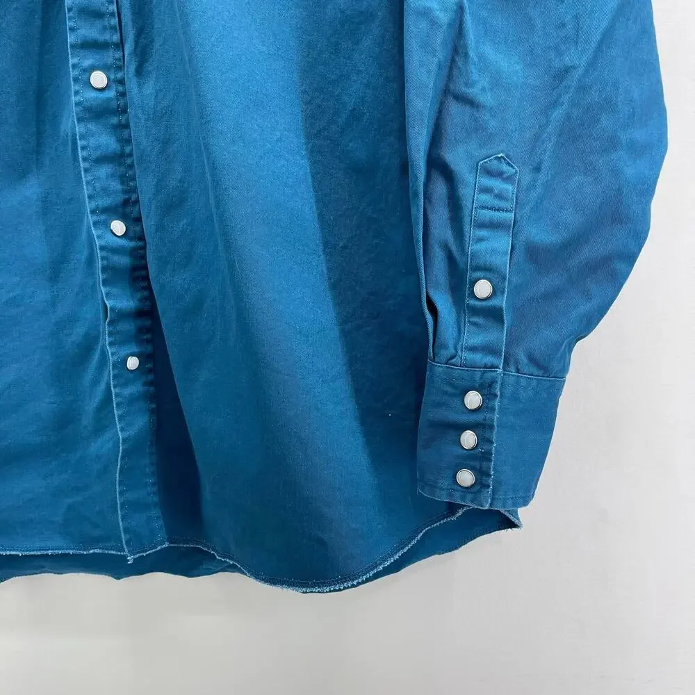 Vintage Wrangler Pearl Snap Western Shirt Mens 2XT Blue Heavy Cotton Brushpopper